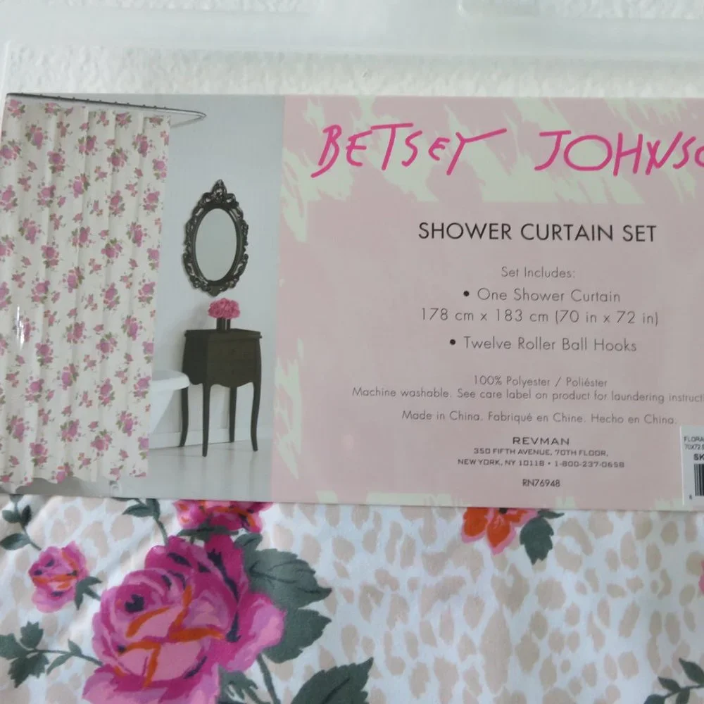(#A) Betsey Johnson Floral  Leopard Shower Curtain and 12 Ball Hooks